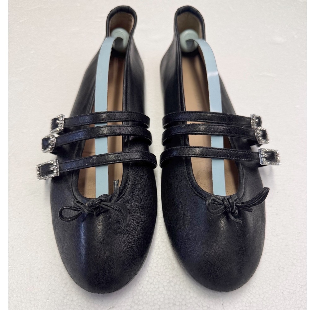 Stuart Weitzman Black Leather Triple Strap Crystal Buckle Ballet Flats Size 39